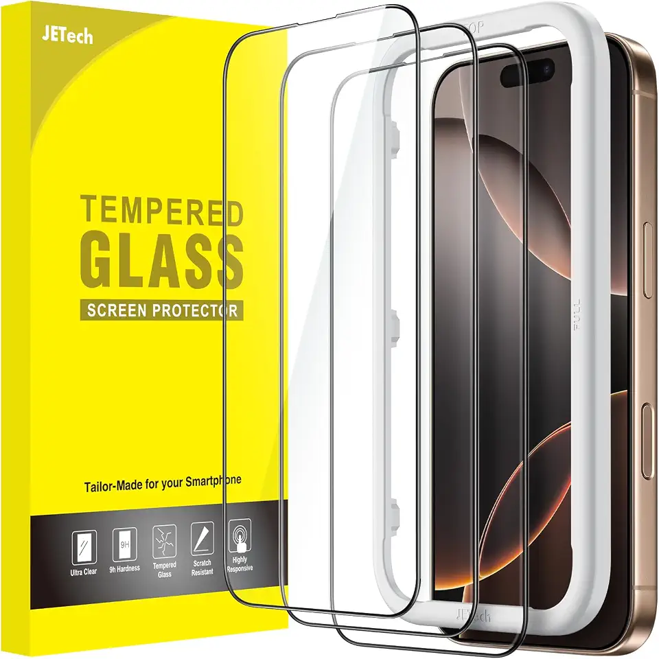JETech Película de Vidro Temperado de Cobertura Total para iPhone 16 Pro Max 6,9 Polegadas, Protetor de Tela Preta Edge e Ferramenta de Fácil de Instalar, Amigável ao Caso, HD Claro, Pacote com 3