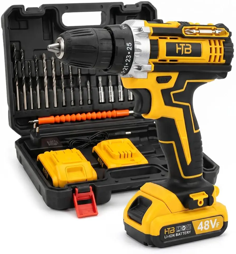 Parafusadeira e Furadeira Sem Fio 48 V com 2 Baterias, Carregador, Maleta e Kit com Brocas, Bits, Soquetes e Extensor Flexível, Torque Ajustável e Mandril de Aperto Rápido para Montagem e Reparos