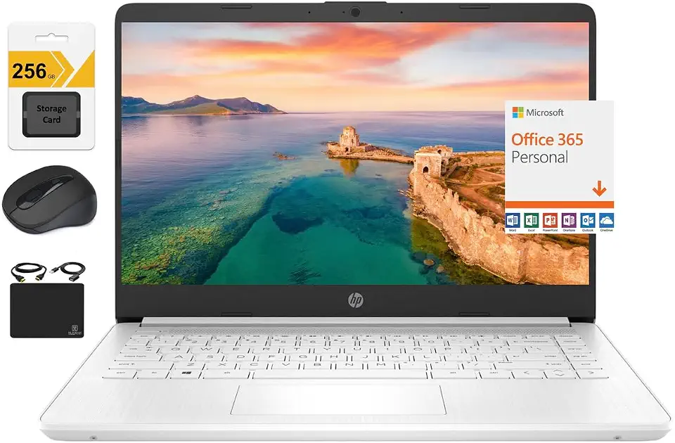 HP Novo laptop ultrafino HD de 14 polegadas, processador Intel Celeron quad-core, 16 GB de RAM, 320 GB (64 GB eMMC + 256 GB SD), Wi-Fi, até 11 horas, Windows 11 S + 1 ano de escritório 365 +