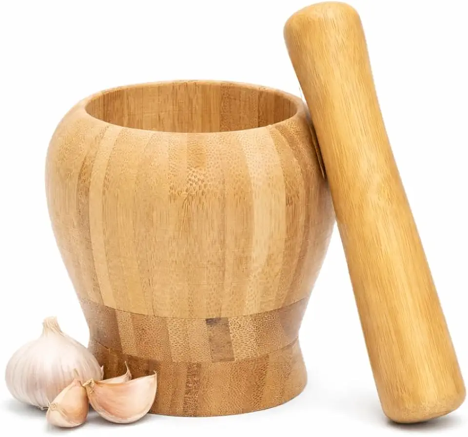 Pilao e Socador de Bambu Amassador de Alho de Madeira Pimenta Temperos Ervas Condimentos Triturador Manual Natural Resistente Facil de Limpar Cozinha Gourmet Utensilio Rustico