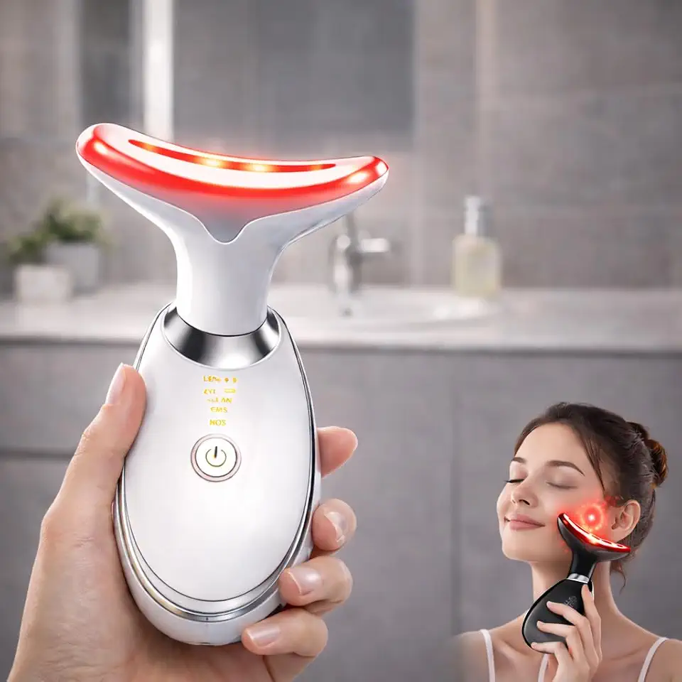 Massageador Facial LED 7 Cores Premium EMS Aquecimento Vibração Lifting Anti Rugas Rosto Pescoço Recarregável
