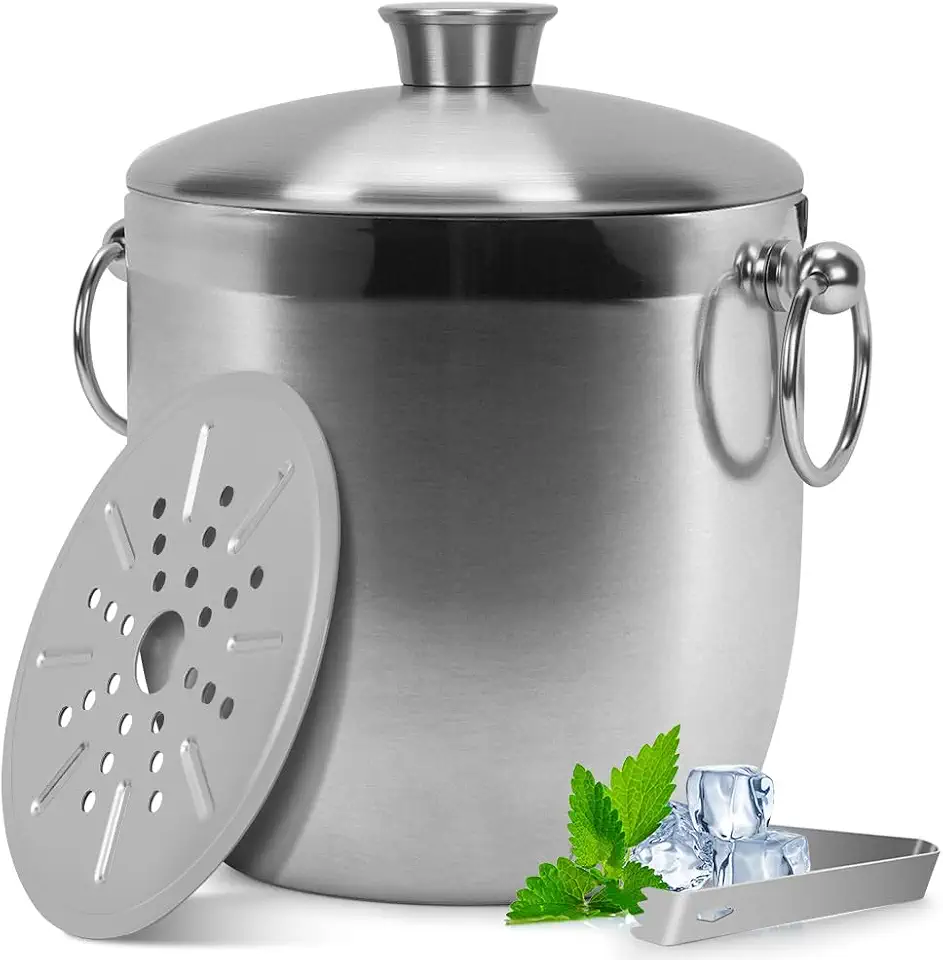 Balde de Gelo Isolado de Aço Inoxidável de 3 Litros com Tampa, Pinça E Coador, Balde de Gelo, Balde Gelo, Balde de Gelo com Pegador Tampa Alça 3L, Balde Gelo Aço Inox Parede Dupla