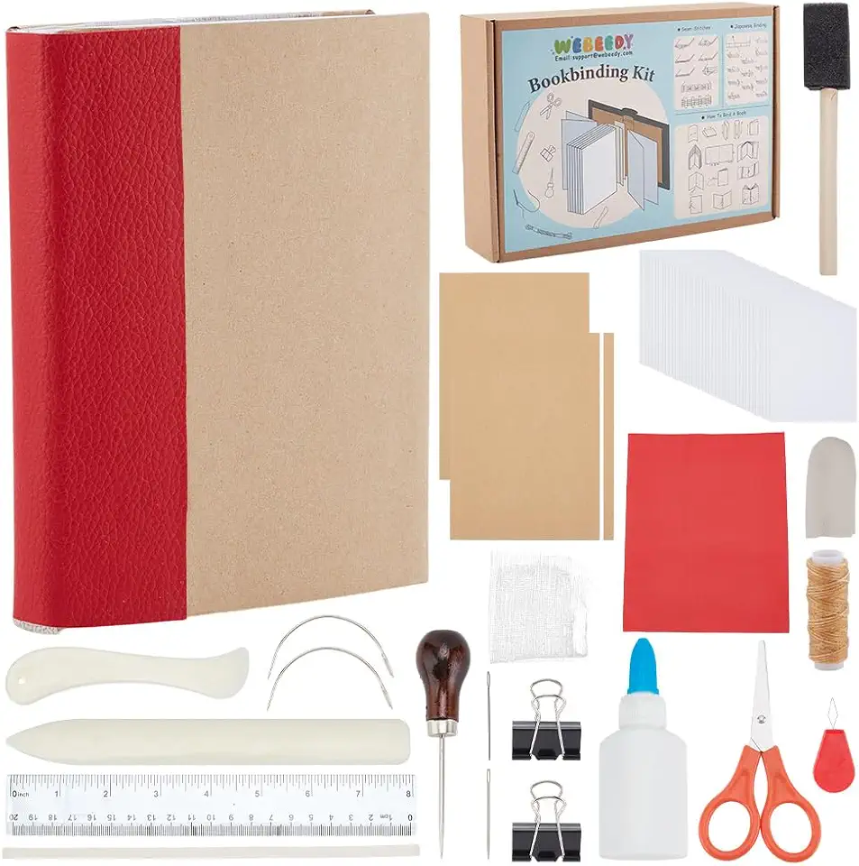 WEBEEDY Kit de encadernação para iniciantes, 64 peças, kit básico de encadernação DIY com instruções para iniciantes, ferramentas completas de encadernação para encadernação DIY, suprimentos de