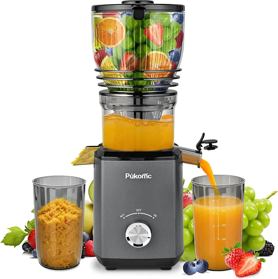 Pukomc Espremedor a frio, extrator de suco de calha de alimentação de 14,7 cm de largura com 300 W, espremedor de mastigação lenta para vegetais e frutas inteiras, alto rendimento de suco, fácil de