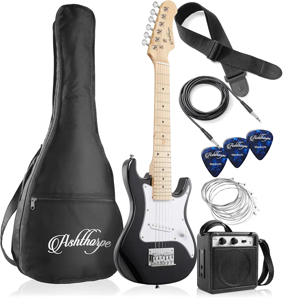 Ashthorpe Kit de guitarra elétrica para iniciantes de 76 cm com amplificador (preto), pacote básico para iniciantes com gig bag, cordas, alça, palhetas