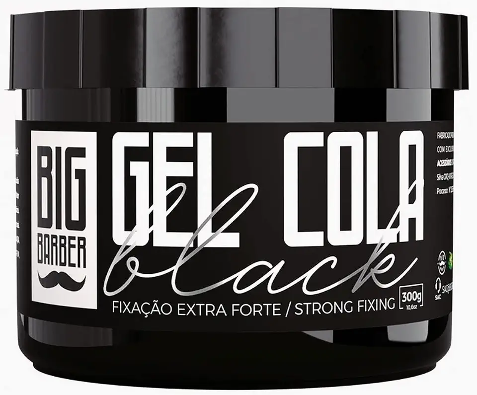 Gel Cola Black Big Barber 300g: Pigmentado Preto, Cobre Cabelos Brancos e Fixação Extra Forte para Modelador Masculino