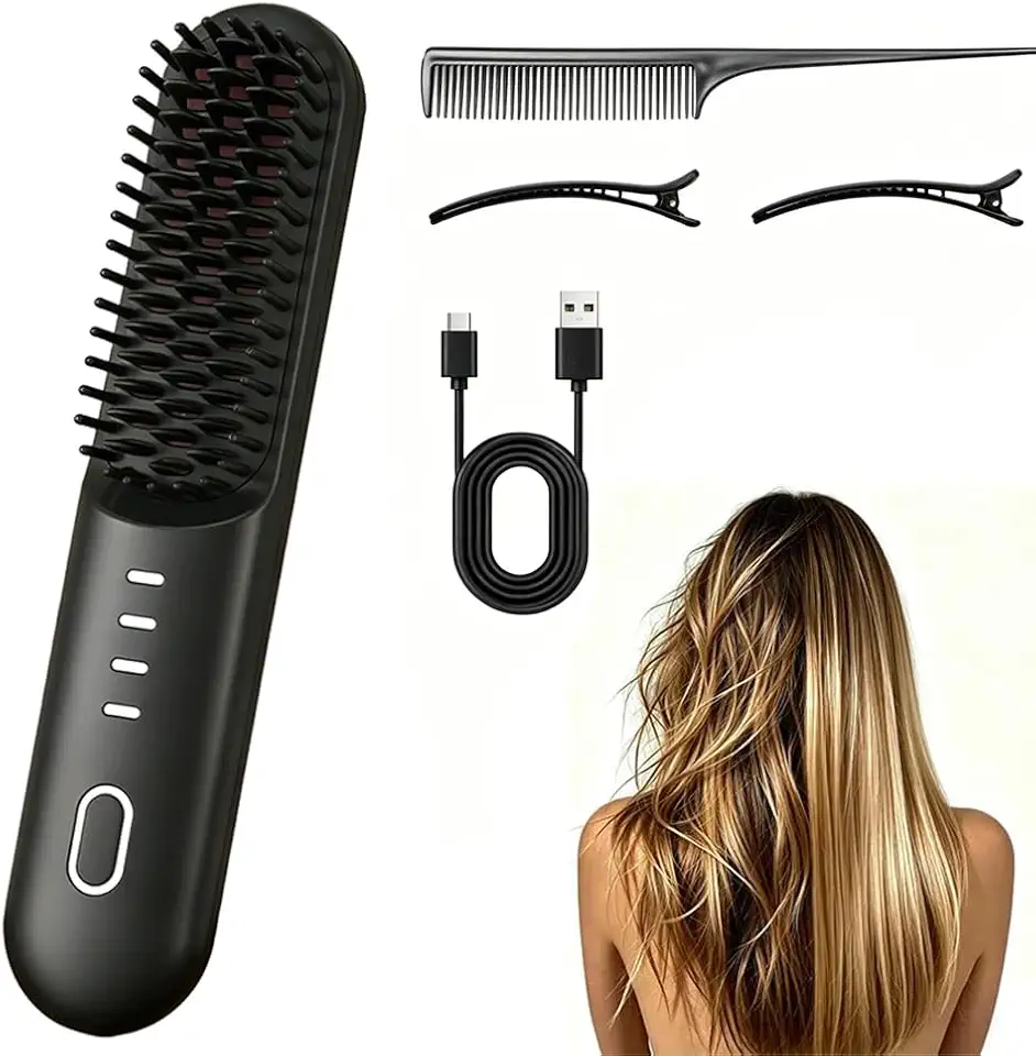 Escova Alisadora De Cabelo Sem Fio Para Viagem, Pente Alisador Pequeno Portátil Usb-C Mulheres, Mini Quente Recarregável, Ferramentas Modelagem Aquecidas Anti-Queimaduras, Preto