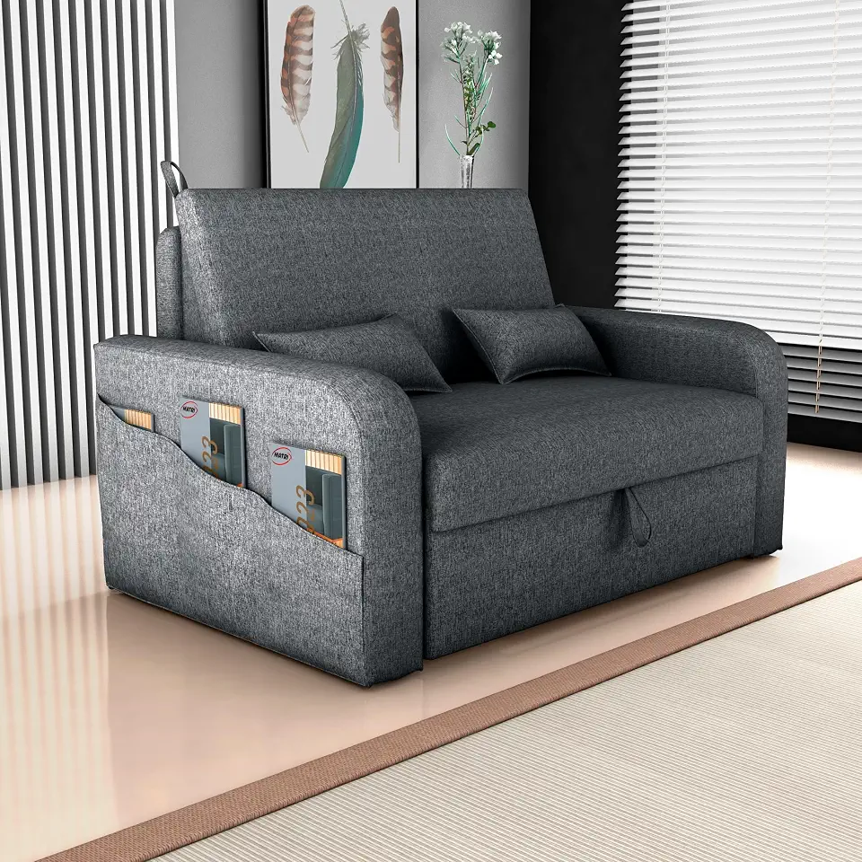 Sofa Cama Retratil Reclinável 2 Lugares Baú Organizador Linho Poltrona Sala Conforto Luxo Cinza