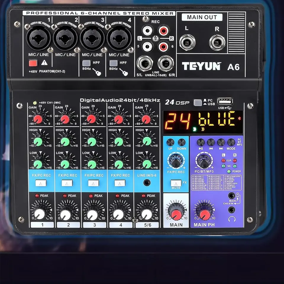 TE-YUN Mesa de Som Profissional 6 Canais | Mixer de Áudio com Bluetooth 5.0, USB, Entrada FX e 48V Phantom Power | Compatível com PC, Microfone, Instrumentos, Estúdio