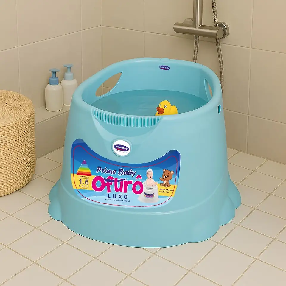 Banheira Ofurô Infantil Grande Prime Baby 1 a 6 Anos – Banheira Ergonômica Antiderrapante para Crianças e Bebês até 30Kg com Plugue de Escoamento Rápido (Azul)