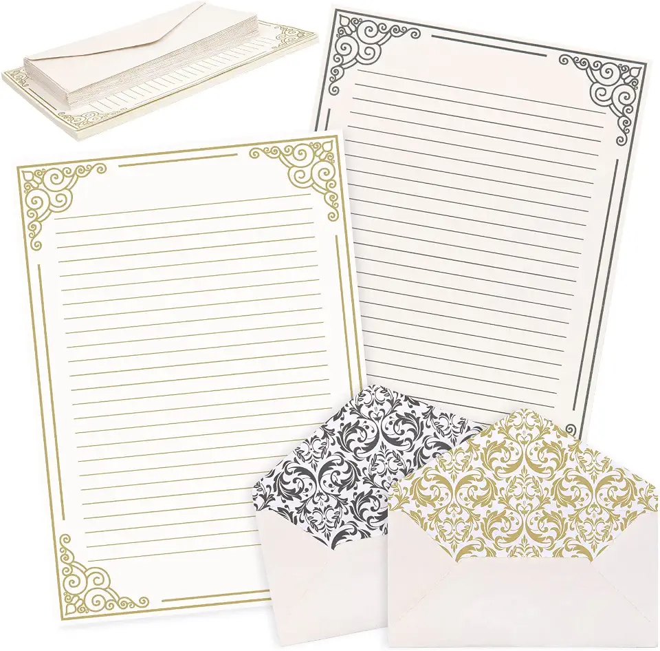 AnyDesign 60 folhas de papel de papelaria vintage com 30 peças de envelopes autoadesivos dourado preto borda carta papel de carta papel de escrita dupla face para convite de casamento de aniversário, agradecimento, saudações