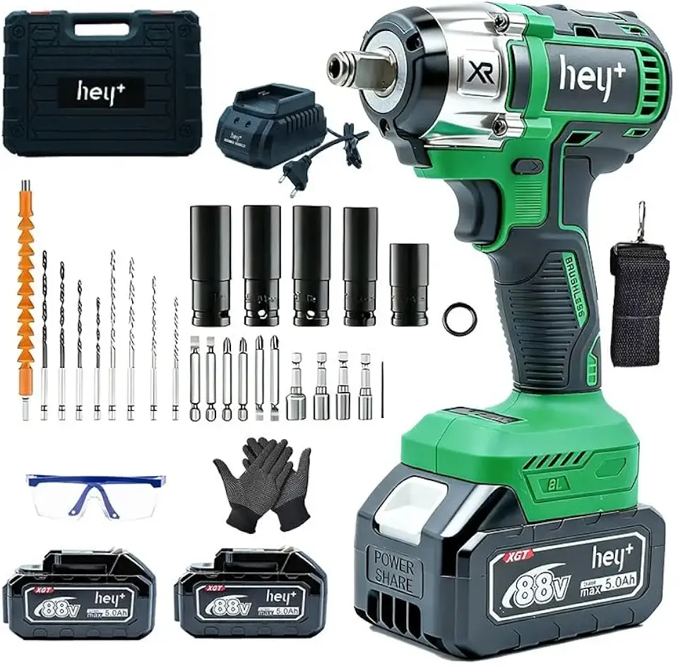 Chave de Impacto Sem Fio Brushless, Recarregável com 2 Baterias (5000mAh), 800nm,Alta Velocidade até 3000 RPM – Ferramenta Potente para Uso Doméstico e Profissional