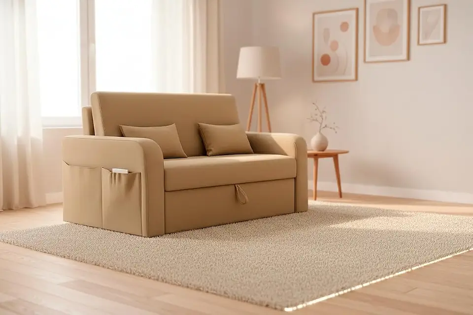 Sofá Cama Compacto Retrátil e Reclinável Lady Day 2 Lugares 140cm Com Baú e Almofadas em Veludo Premium (Bege)