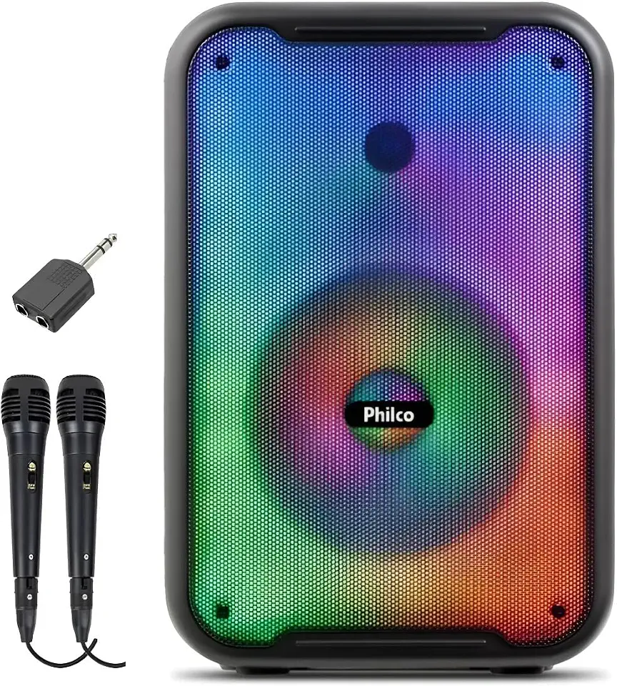 Caixa De Som Philco PCX3800 Bluetooth Potente 250w Karaokê + 2 Microfones De Fio