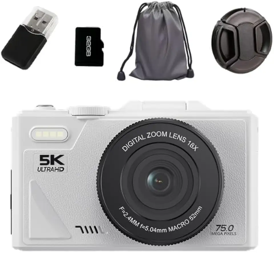 Camera Fotografica 5K com Tela Flip 180°, WiFi, Lente Grande Angular e Macro, 18X, 75MP, Kit Completo com Cartão de 32GB, Leitor e 2 Baterias, Foco Automático para Iniciantes, Jovens e Viagens