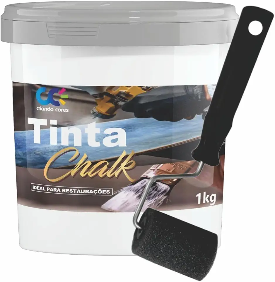 Tinta Chalk 1kg Branco com Rolinho 5cm, Ideal para Restaurações em Madeira, PVC, Metal e Plástico