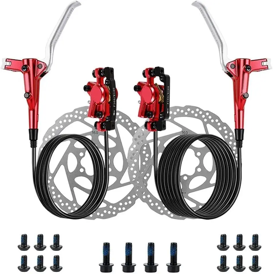 Conjunto de freio a disco hidráulico de óleo mineral de 2 pistões para montanha para bicicleta, mangueira dianteira de 800 mm traseira 1400 mm, liga de alumínio, roxo (vermelho)