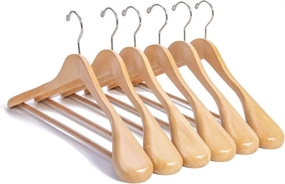 Nature Smile Cabides de madeira natural de luxo - pacote com 6 - cabides de madeira, cabides de jaqueta, agasalho, camisa, acabamento brilhante com ombro extra largo, ganchos giratórios de 360 graus e