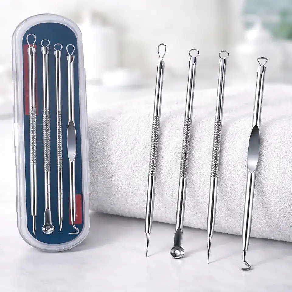 Kit Premium Removedor de Cravos e Espinhas Aço Inox 4 Peças com Estojo Extrator Profissional para Limpeza de Pele Acne Skin Care