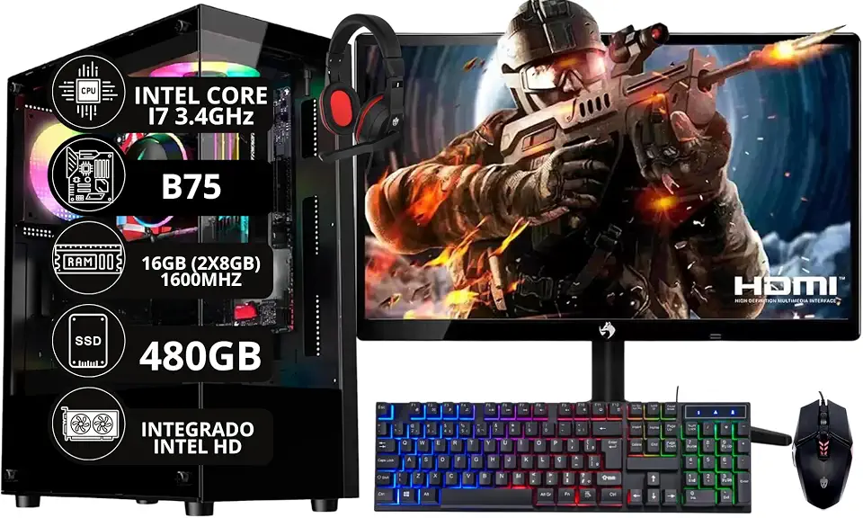 PC Gamer Completo Intel Core I7 3.4GHz 16GB DDR3 SSD 480GB Monitor 21,5" Kit Gamer - Escolha a placa de vídeo (ONBOARD)