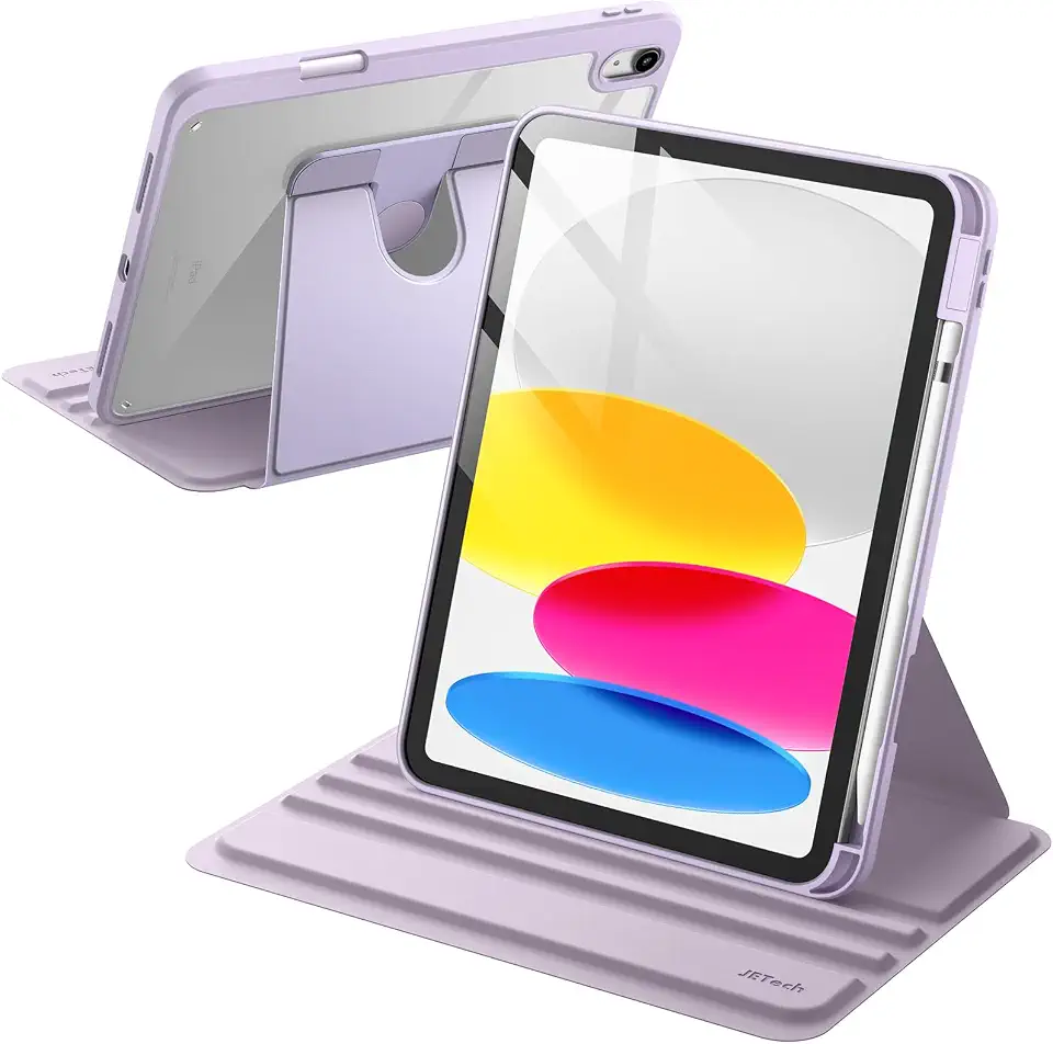 JETech Capa Giratória para iPad (A16) 11ª/10ª Geração (2025/2022) com Porta Pencil, Rotação de 360 Graus, Tampa Protetora com Suporte, Parte Traseira Claro (Luz Roxa)