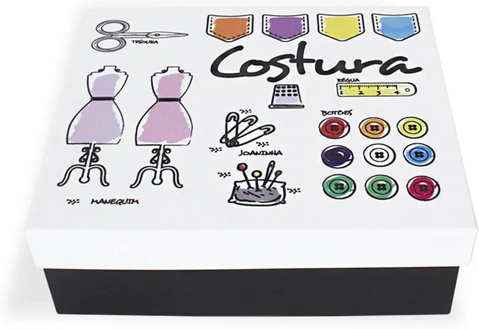 Geguton - Caixa Costura - Aço com Divisórias Internas - Organização e Decoração - Preto Fosco e Branco com Estampa