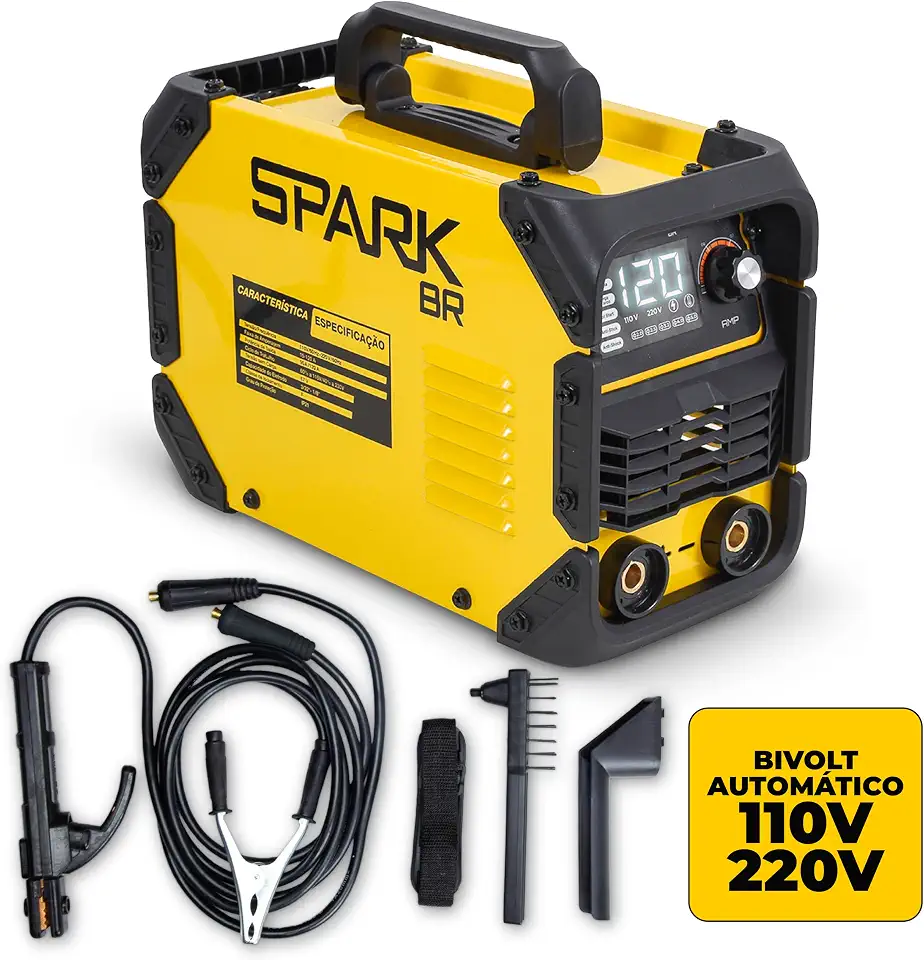 Máquina Solda Inversora 120MMA Bivolt Painel Digital SparkBR Máscara Acessórios Portátil Alça Transporte Profissional 2,0 2,5 3,2 Eletrodos AMG-W01