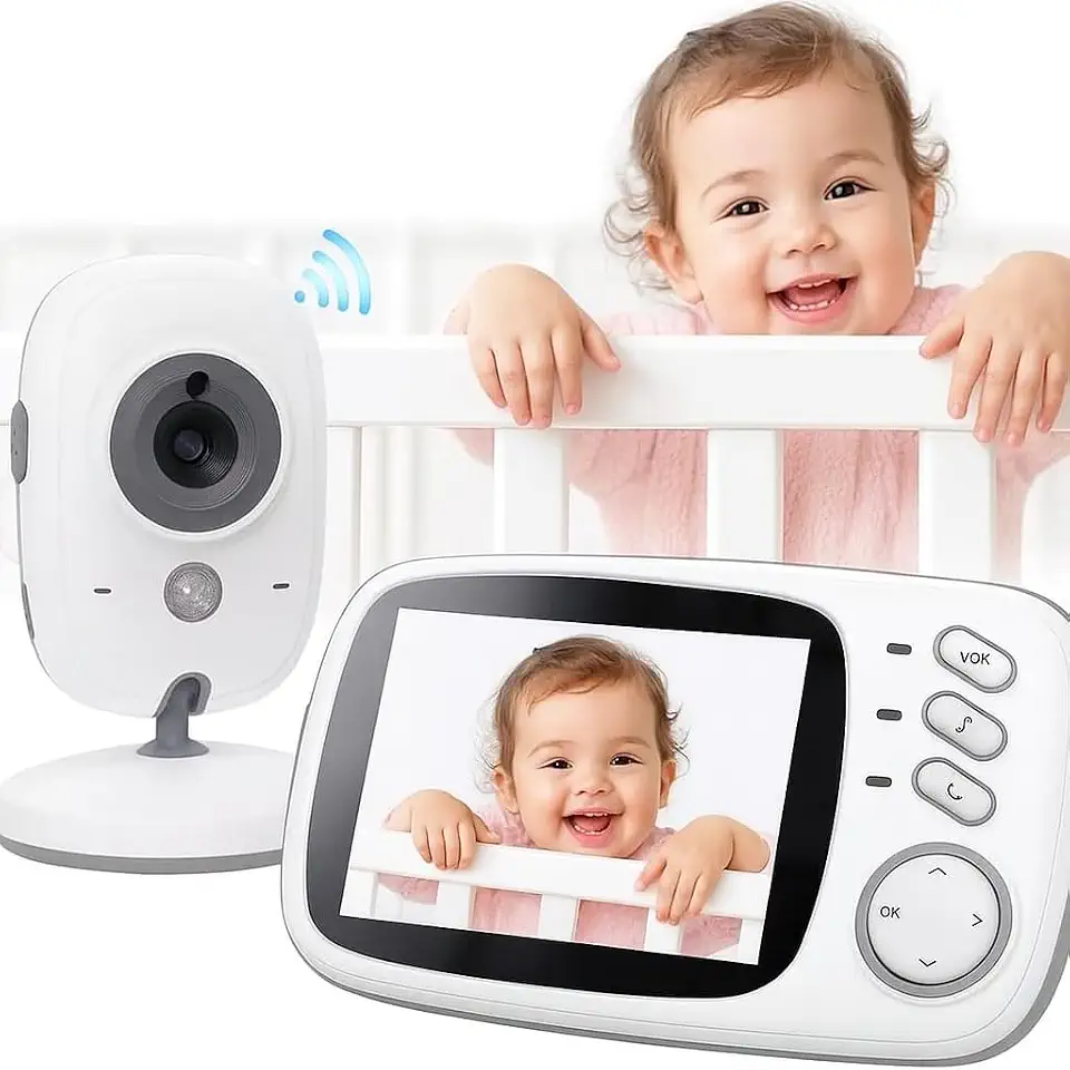 Babá Eletrônica Câmera para Bebês com Tela de 3.2" Visão Noturna 10M Infravermelha Monitoramento Temperatura, Áudio Bidirecional, Detecção de Som VOX, Modo Soneca Contem Visão Noturna Canção de Ninar