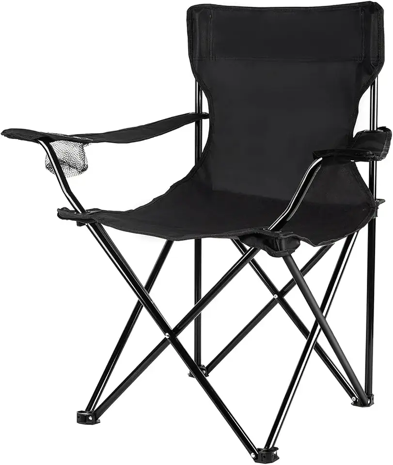 Cadeira Camping Dobrável de Metal com Bolsa e Porta Copos 120Kg (Preto) | Dobrável e portátil Oxford 600D com revestimento em PVC com Porta-copo integrado