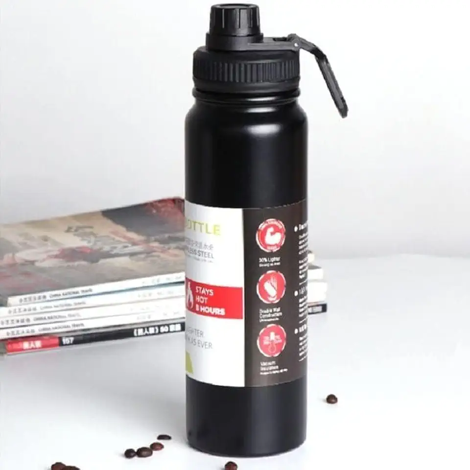 Garrafa de Água Térmica Aço Inox Esportiva Academia Isolada a Vácuo Aço Inox 304 de 800ml (PRETA 1321)