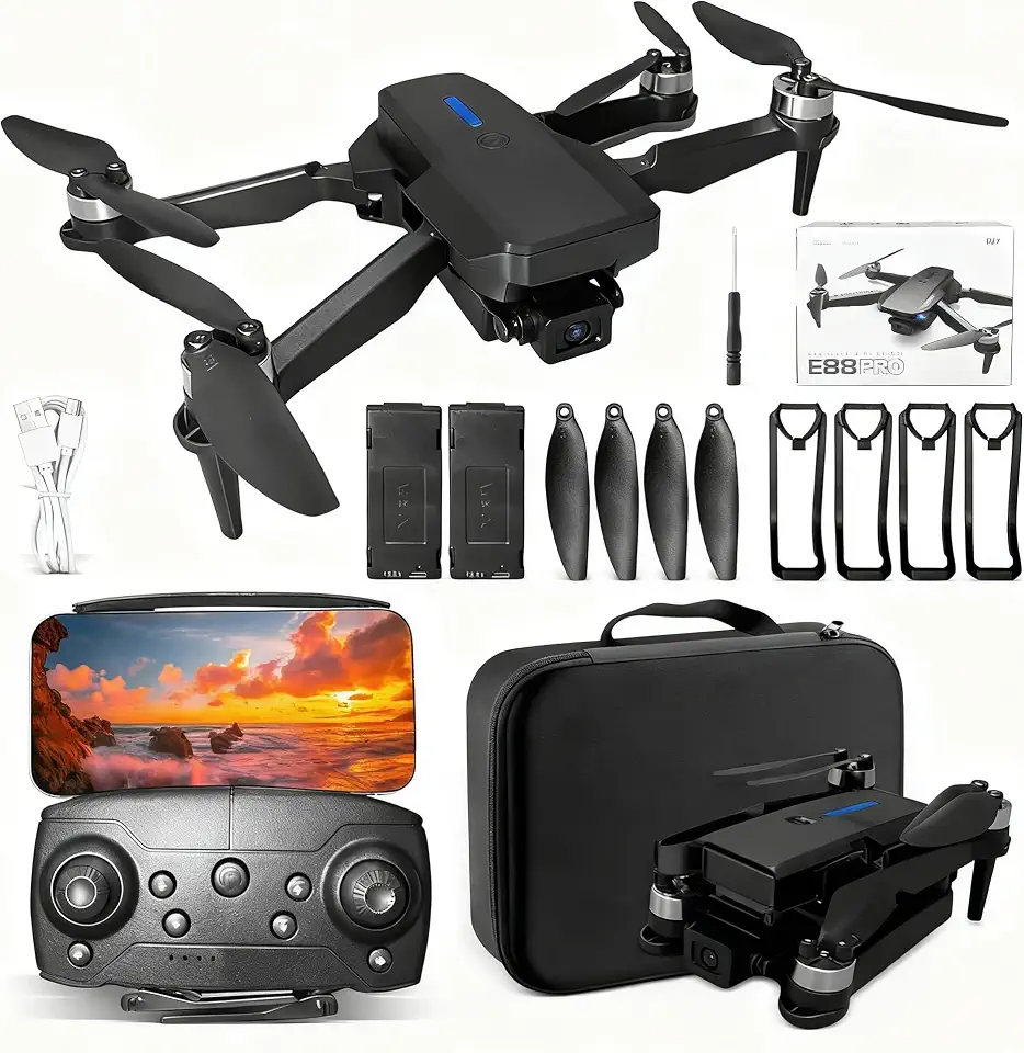 Drone DLI E88 PRO com Câmera 4K UHD FPV dobrável para adultos e iniciantes, Motor sem escova, Quadcóptero com controle remoto, Controle de gravidade, Decolagem e pouso em um toque, Posicionamento por fluxo óptico, Rotação 360°, Três modos de velocidade, Ponto de rota, Ideal para meninos e meninas (Preto, E88 PRO)