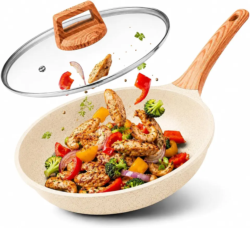 Frigideira Grande Wok Lecce Antiaderente Com Tampa Em Cerâmica Creme Cabo De Madeira Fundo Indução Fogão a Gás Elétrico e Indução Saudável Frita Sem Usar Óleo Durável, 28 cm 4.3 Litros