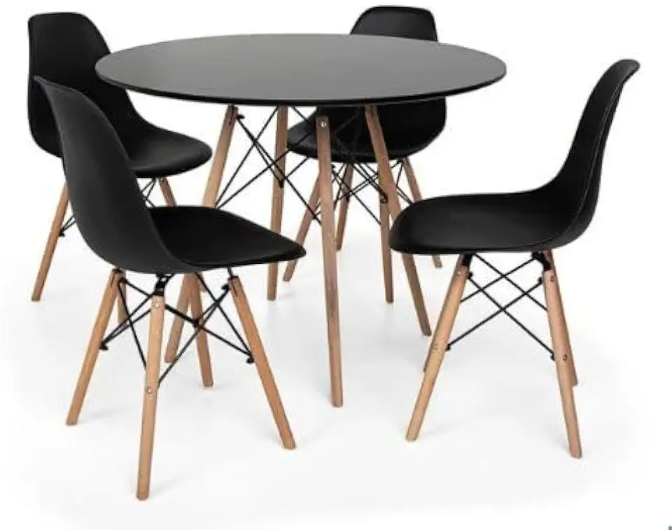 Conjunto de Jantar Mesa Eiffel Redonda Com 4 Cadeiras Charles Eames Eiffel Pés De Madeira Clara - Preto (Mesa 90cm)