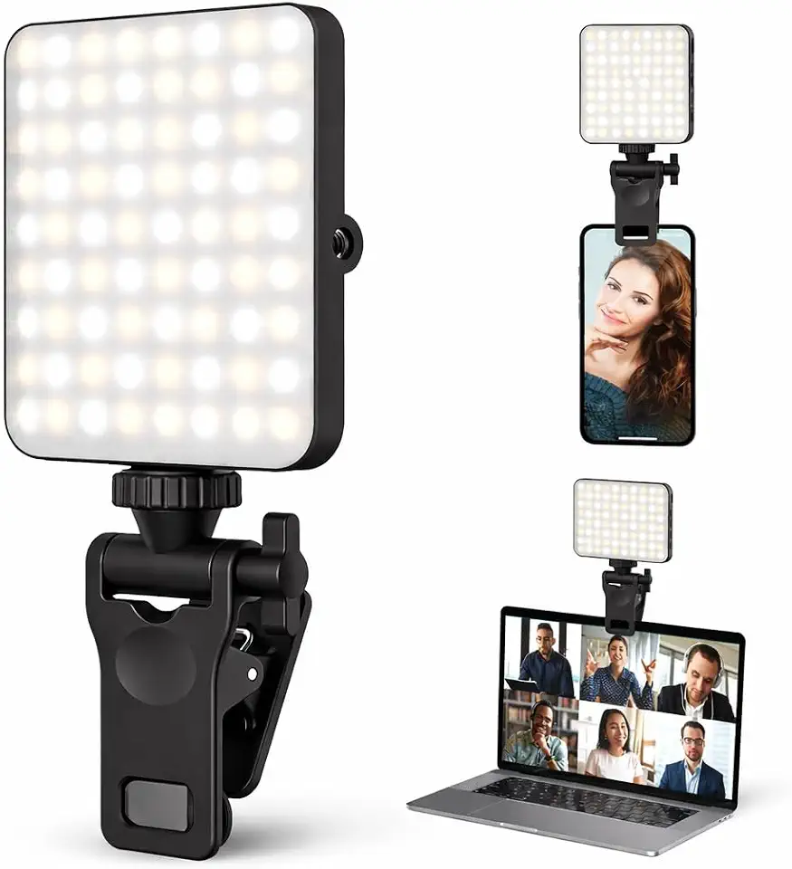 Luz LED Portátil com Clip para Celular Tablet Monitor ou Notebook Recarregável Rosqueamento Compatível com Tripé Ring Light - Ajuste de Três Níveis de Brilho Premium