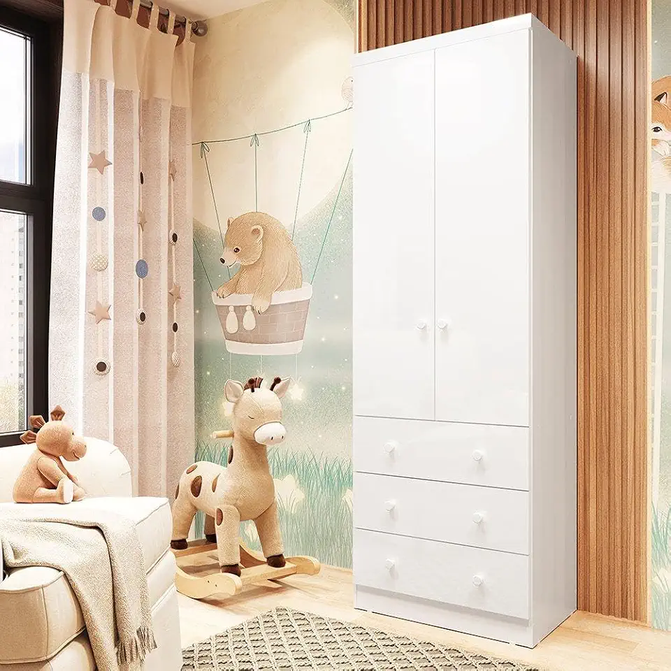 Guarda Roupa de Bebê 2 Portas 3 Gavetas Smim Móveis Peroba Branco Brilho