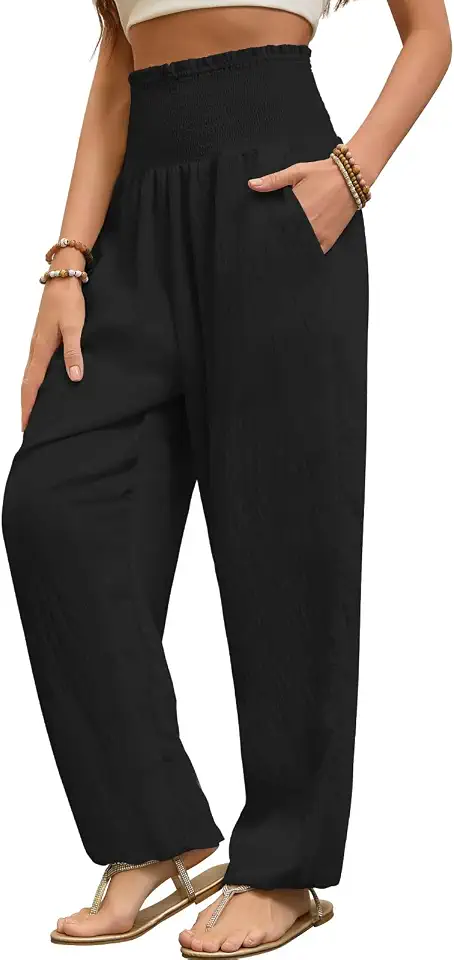 Calça feminina harém, hippie boho, cintura alta, calças de ioga com bolsos