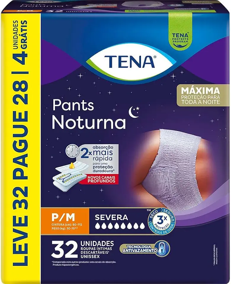 Tena Pants Noturna, Roupa Íntima para Incontinência Urinária, P/M- Leve 32 Pague 28 unidades