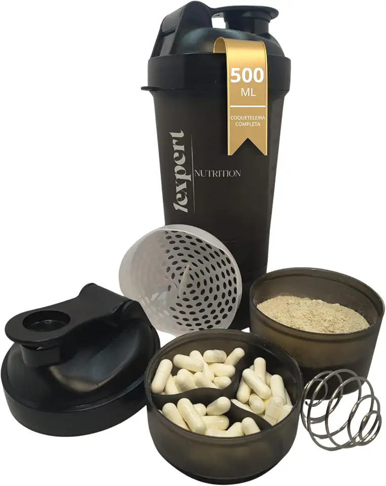 Coqueteleira 500 ml – Shaker Premium Compartimento Divisória para Cápsulas e Pó/Suplemento, Misturador de Aço e Peneira, Mistura Rápida e Design Fitness para Academia e Dia a Dia
