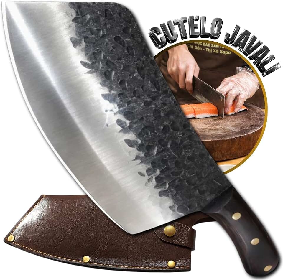 Cutelo Javali Profissional Forjado em Aço Inox Faca de Churrasco Artesanal Full Tang Cabo Madeira Carvalho Envernizado Dureza 56 HRC com Bainha de Couro para Carnes Legumes e Cozinha Gourmet Premium.
