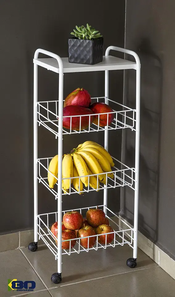 Fruteira de Chão 3 Andares Organizadora c/Rodinhas e Cesto Removível Branca - By K80