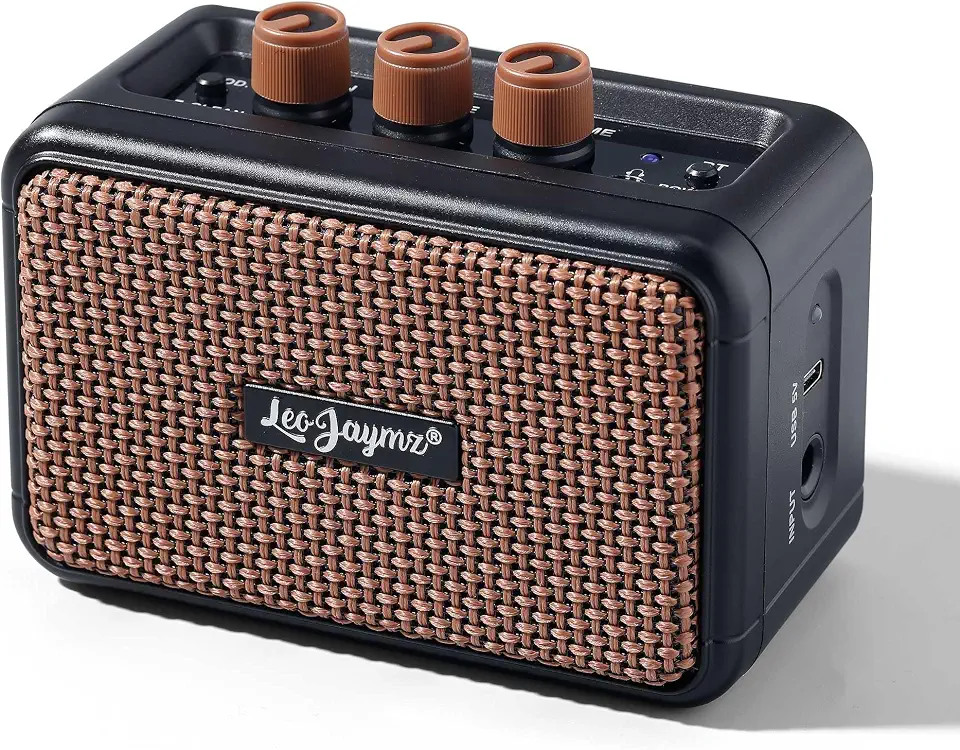 Leo Jaymz Mini Amplificador De Guitarra - Amplificador De Guitarra Sem Fio Bt De Alto-Falante Duplo De 5 W, Bateria Recarregável, Modos Clean/Overdrive, Entrada Para Fone De Ouvido, Ideal Para Práti
