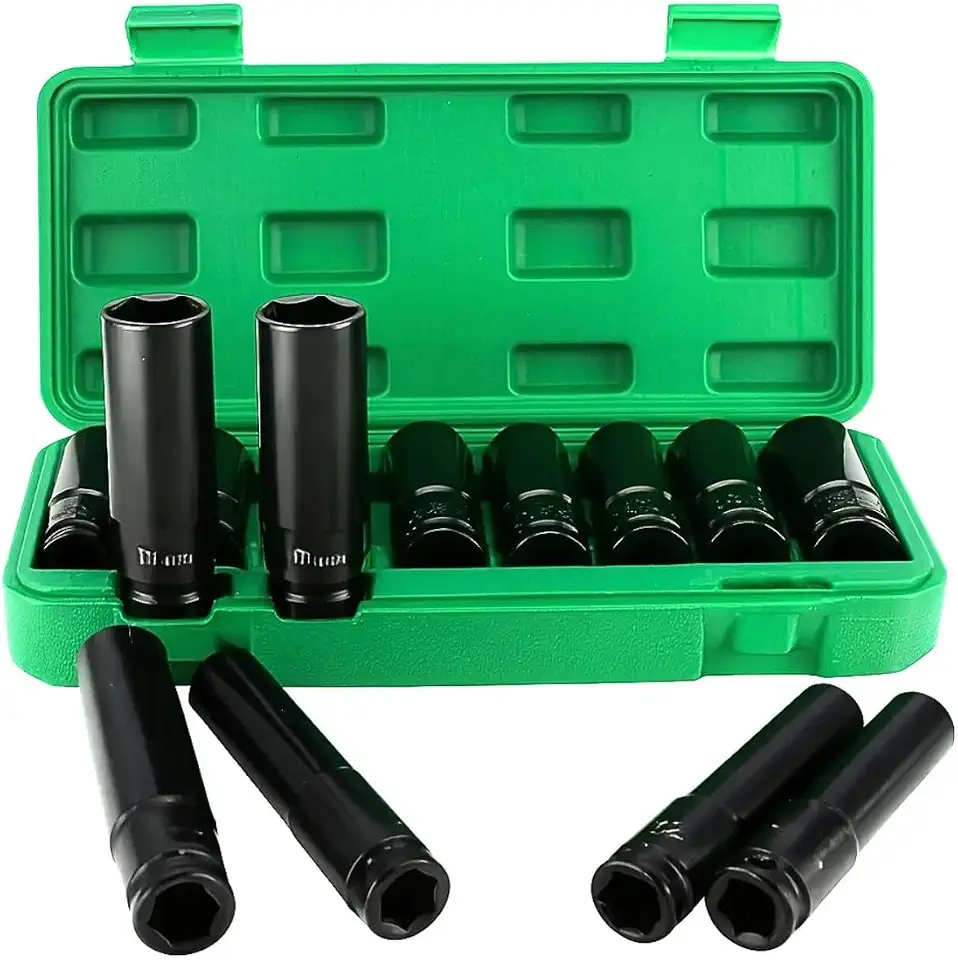 Jogo de Soquetes de Impacto 1/2” Profundos 10 Peças (8–24mm) Aço Cr-V Alta Resistência Alto Torque – Kit Soquetes Automotivos Profissionais com Estojo Organizador para Oficina e Mecânica DIY