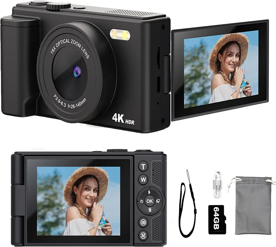 Câmera Digital 4K, Foco Automático, Fotográfica Vlog para YouTube, Cartão SD de 64G, tela LCD de 2.8", tela giratória de 180 graus, zoom digital de 16x, Câmeras Compactas para Viagens/Adolescentes