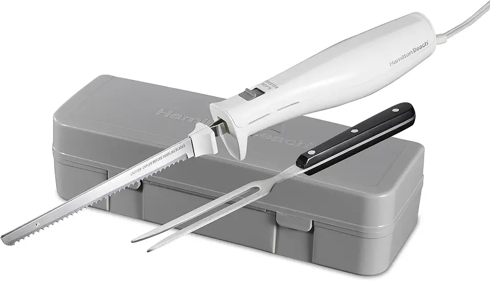 Hamilton Beach Faca elétrica para esculpir carnes, aves, pão, espuma de artesanato e muito mais, com lâminas de aço inoxidável serrilhadas alternativas, design ergonômico, estojo de armazenamento e