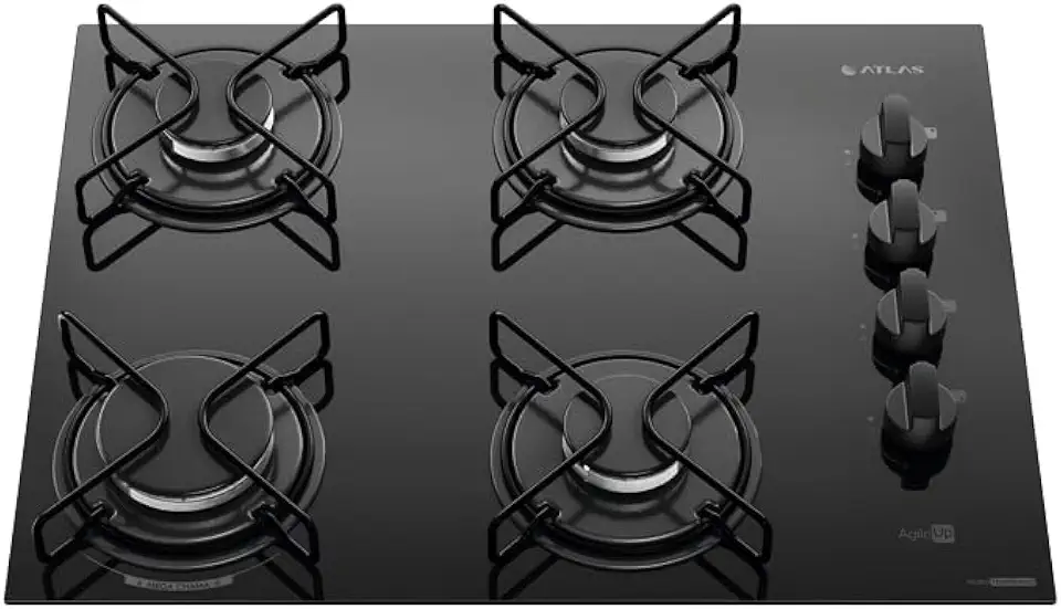 Cooktop 4 Bocas Preto Mesa de Vidro Atlas Agile Up Mega Chama Bivolt