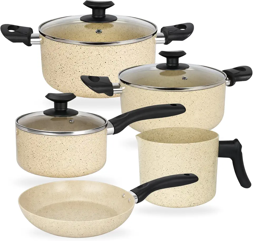 Jogo De Panelas Cerâmica 5 Peças Joy Indução Antiaderente Com Tampas De Vidro Cozinha Conjunto de Panelas Fogão de Indução - Dona Chefa (Vanilla)