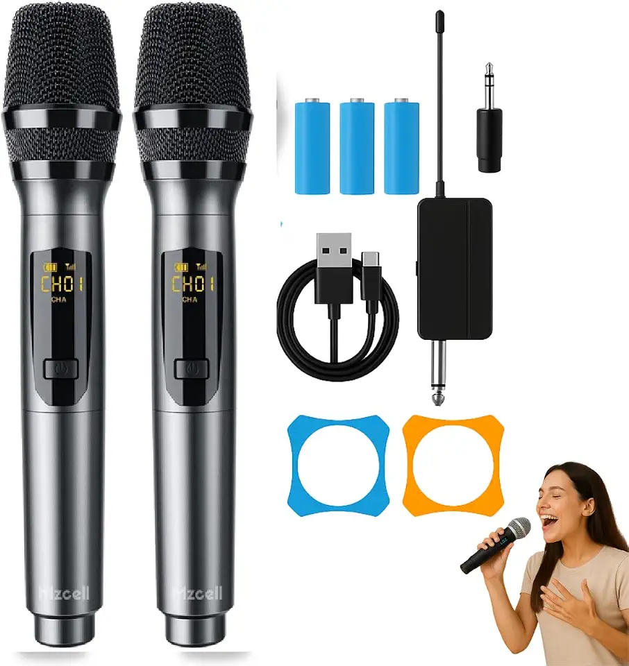 Kit Microfone Sem Fio Profissional Duplo, LED Digital, Bateria Recarregável 800mAh, Alcance 30m, Adaptador UHF/VHF, para Karaokê, Shows, Palestras e Igreja
