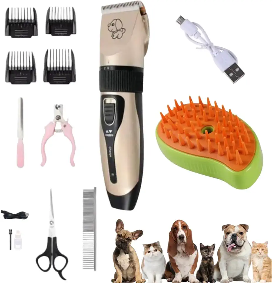 Kit Tosa Pet + Escova a Vapor para Cães e Gatos | Máquina Silenciosa Sem Fio com Acessórios + Escova com Vapor Quente | Remove Pelos, Desembaraça e Hidrata | Ideal para Banho e Cuidados - Linha Premium