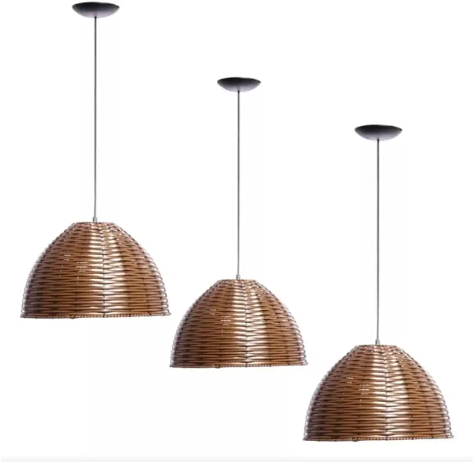 Kit 3 Pendentes Luminária Lustre Meia Esfera de Junco Modelo Meia Bola (Avelã)