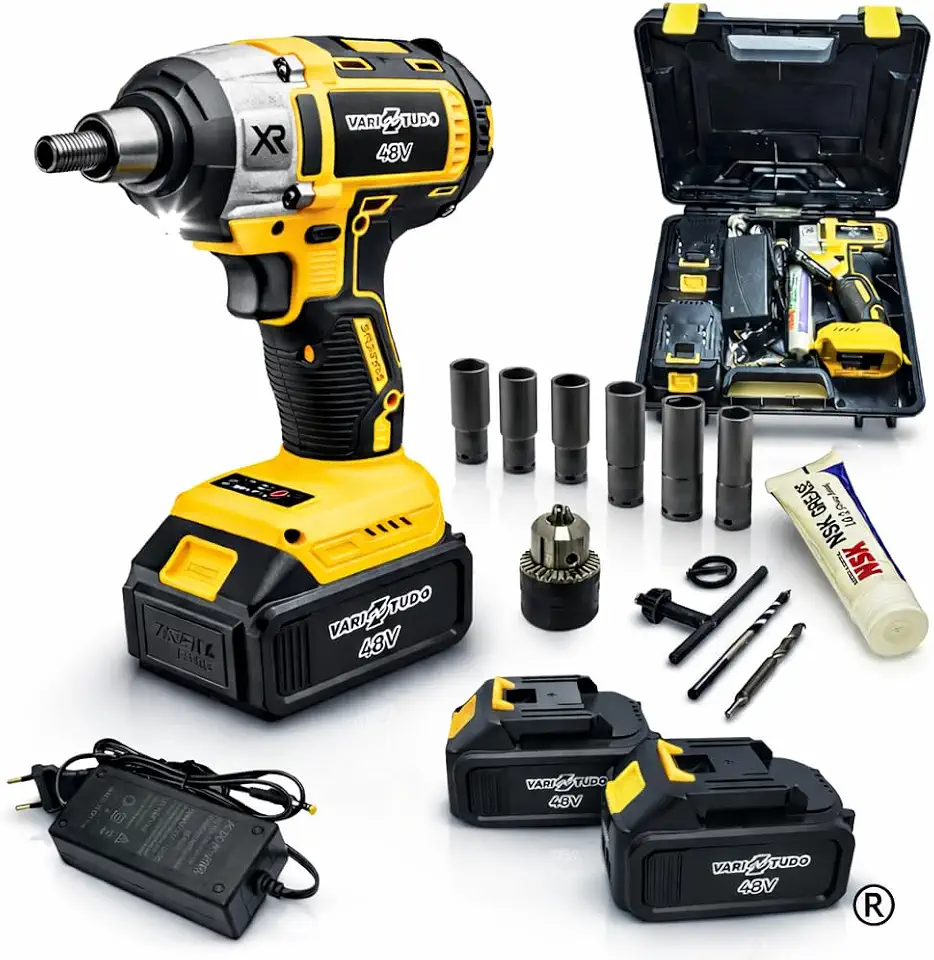 Chave de Impacto e Furadeira 48V Brushless Profissional Bivolt com 2 Baterias 4.0Ah Recarregáveis | Parafusadeira Sem Fio 2300RPM, Kit Completo com Soquetes, Bits e Maleta, Potente e Durável